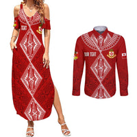Personalised Kolisi Tonga Atele Couples Matching Summer Maxi Dress and Long Sleeve Button Shirts Tongan Kupesi - Special LT7 Red - Polynesian Pride