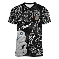 Kia Hara Te reo Maori Women V-Neck T-Shirt Manaia Moko Pattern