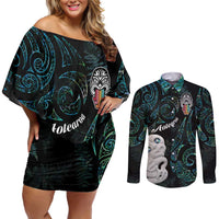 Kia Hara Te reo Maori Couples Matching Off Shoulder Short Dress and Long Sleeve Button Shirt Manaia Moko Mix Paua Shell