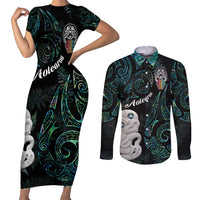 Kia Hara Te reo Maori Couples Matching Short Sleeve Bodycon Dress and Long Sleeve Button Shirt Manaia Moko Mix Paua Shell