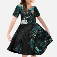 Kia Hara Te reo Maori Family Matching Off Shoulder Maxi Dress and Hawaiian Shirt Manaia Moko Mix Paua Shell LT7 Daughter's Dress Green - Polynesian Pride