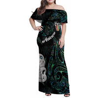 Kia Hara Te reo Maori Family Matching Off Shoulder Maxi Dress and Hawaiian Shirt Manaia Moko Mix Paua Shell LT7 Mom's Dress Green - Polynesian Pride