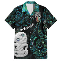 Kia Hara Te reo Maori Family Matching Tank Maxi Dress and Hawaiian Shirt Manaia Moko Mix Paua Shell LT7 Dad's Shirt - Short Sleeve Green - Polynesian Pride