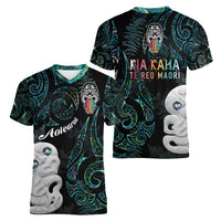 Kia Hara Te reo Maori Women V-Neck T-Shirt Manaia Moko Mix Paua Shell