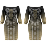 Aotearoa Maori Iwi Heritage Couples Matching Off The Shoulder Long Sleeve Dress and Long Sleeve Button Shirt Waikato Tainui Parauri LT7 - Polynesian Pride