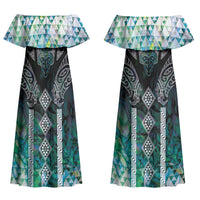 Aotearoa Maori Iwi Heritage Couples Matching Off Shoulder Maxi Dress and Long Sleeve Button Shirt Ngati Kahungunu Paua Shell Turquoise LT7 - Polynesian Pride