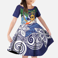 Tropical Christmas Polynesian Family Matching Tank Maxi Dress and Hawaiian Shirt Funny Surfing Pineapple Blue LT7 Daughter's Dress Blue - Polynesian Pride