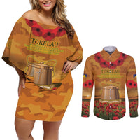 Tokelau ANZAC Day Personalised Couples Matching Off Shoulder Short Dress and Long Sleeve Button Shirt with Poppy Field LT9 Art - Polynesian Pride