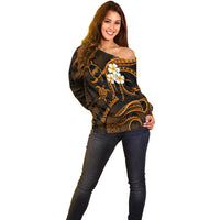 Hawaii Off Shoulder Sweater Niihau Islands Polynesian Sunset Plumeria Gold Vibe LT9 - Polynesian Pride