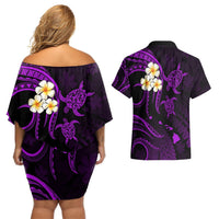 Polynesian Hawaii Couples Off Shoulder Short Dress and Hawaiian Shirt Niihau Islands with Pacific Plumeria Purple Vibe LT9 - Polynesian Pride