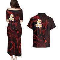 Polynesian Hawaii Couples Puletasi Dress and Hawaiian Shirt Niihau Islands with Pacific Plumeria Red Vibe LT9 - Polynesian Pride
