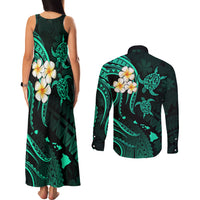Polynesian Hawaii Couples Matching Tank Maxi Dress and Long Sleeve Button Shirts Niihau Islands with Pacific Plumeria Turquoise Vibe LT9 - Polynesian Pride
