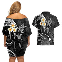 Polynesian Hawaii Couples Off Shoulder Short Dress and Hawaiian Shirt Niihau Islands with Pacific Plumeria White Vibe LT9 - Polynesian Pride
