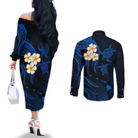 Hawaii Couples Off The Shoulder Long Sleeve Dress and Long Sleeve Button Shirts Molokai Islands Polynesian Sunset Plumeria Blue Vibe LT9 - Polynesian Pride