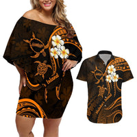 Hawaii Couples Off Shoulder Short Dress and Hawaiian Shirt Molokai Islands Polynesian Sunset Plumeria Gold Vibe LT9 Gold - Polynesian Pride