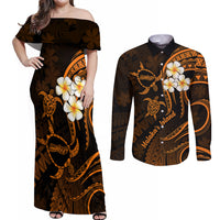 Hawaii Couples Off Shoulder Maxi Dress and Long Sleeve Button Shirts Molokai Islands Polynesian Sunset Plumeria Gold Vibe LT9 Gold - Polynesian Pride
