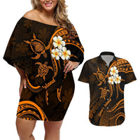 Hawaii Couples Off Shoulder Short Dress and Hawaiian Shirt Lanai Islands Polynesian Sunset Plumeria Gold Vibe LT9 Gold - Polynesian Pride