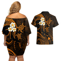 Hawaii Couples Off Shoulder Short Dress and Hawaiian Shirt Lanai Islands Polynesian Sunset Plumeria Gold Vibe LT9 - Polynesian Pride
