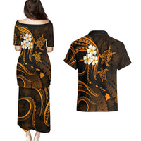 Hawaii Couples Puletasi Dress and Hawaiian Shirt Lanai Islands Polynesian Sunset Plumeria Gold Vibe LT9 - Polynesian Pride