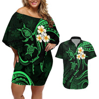 Hawaii Couples Off Shoulder Short Dress and Hawaiian Shirt Lanai Islands Polynesian Sunset Plumeria Green Vibe LT9 Green - Polynesian Pride