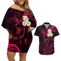 Hawaii Couples Off Shoulder Short Dress and Hawaiian Shirt Lanai Islands Polynesian Sunset Plumeria Pink Vibe LT9 Pink - Polynesian Pride