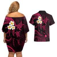 Hawaii Couples Off Shoulder Short Dress and Hawaiian Shirt Lanai Islands Polynesian Sunset Plumeria Pink Vibe LT9 - Polynesian Pride