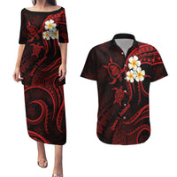Polynesian Hawaii Couples Puletasi Dress and Hawaiian Shirt Lanai Islands with Pacific Plumeria Red Vibe LT9 Red - Polynesian Pride