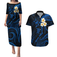 Hawaii Couples Puletasi Dress and Hawaiian Shirt Kauai Islands Polynesian Sunset Plumeria LT9 Blue - Polynesian Pride