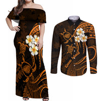 Hawaii Couples Off Shoulder Maxi Dress and Long Sleeve Button Shirts Kauai Islands Polynesian Sunset Plumeria Gold Vibe LT9 Gold - Polynesian Pride