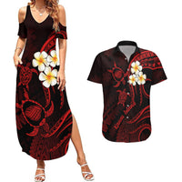 Polynesian Hawaii Couples Summer Maxi Dress and Hawaiian Shirt Kauai Islands with Pacific Plumeria Red Vibe LT9 Red - Polynesian Pride