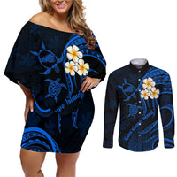 Hawaii Couples Off Shoulder Short Dress and Long Sleeve Button Shirts Kahoolawe Islands Polynesian Sunset Plumeria LT9 Blue - Polynesian Pride