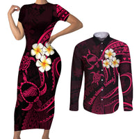 Hawaii Couples Short Sleeve Bodycon Dress and Long Sleeve Button Shirts Kahoolawe Islands Polynesian Sunset Plumeria Pink Vibe LT9 Pink - Polynesian Pride