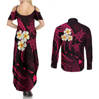 Hawaii Couples Summer Maxi Dress and Long Sleeve Button Shirts Kahoolawe Islands Polynesian Sunset Plumeria Pink Vibe LT9 - Polynesian Pride