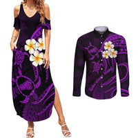 Polynesian Hawaii Couples Summer Maxi Dress and Long Sleeve Button Shirts Kahoolawe Islands with Pacific Plumeria Purple Vibe LT9 Purple - Polynesian Pride