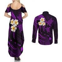 Polynesian Hawaii Couples Summer Maxi Dress and Long Sleeve Button Shirts Kahoolawe Islands with Pacific Plumeria Purple Vibe LT9 - Polynesian Pride