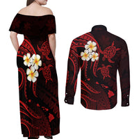 Polynesian Hawaii Couples Off Shoulder Maxi Dress and Long Sleeve Button Shirts Kahoolawe Islands with Pacific Plumeria Red Vibe LT9 - Polynesian Pride