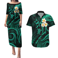 Polynesian Hawaii Couples Puletasi Dress and Hawaiian Shirt Kahoolawe Islands with Pacific Plumeria Turquoise Vibe LT9 Turquoise - Polynesian Pride
