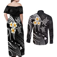 Polynesian Hawaii Couples Off Shoulder Maxi Dress and Long Sleeve Button Shirts Kahoolawe Islands with Pacific Plumeria White Vibe LT9 - Polynesian Pride
