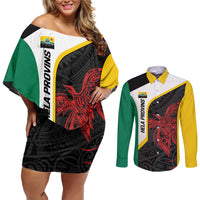 Personalised PNG Hela Province Couples Matching Off Shoulder Short Dress and Long Sleeve Button Shirt Bird of Paradise Tattoo Flag Motif LT9 Yellow - Polynesian Pride