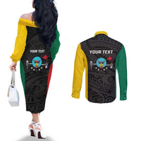 Personalised PNG Hela Province Couples Matching Off The Shoulder Long Sleeve Dress and Long Sleeve Button Shirt Bird of Paradise Tattoo Flag Motif LT9 - Polynesian Pride