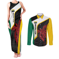 Personalised PNG Hela Province Couples Matching Tank Maxi Dress and Long Sleeve Button Shirt Bird of Paradise Tattoo Flag Motif LT9 Yellow - Polynesian Pride