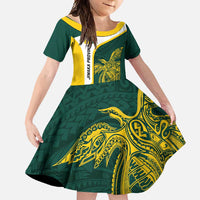 Personalised PNG Jiwaka Province Family Matching Off Shoulder Maxi Dress and Hawaiian Shirt Bird of Paradise Tattoo Flag Motif LT9 Daughter's Dress Green - Polynesian Pride