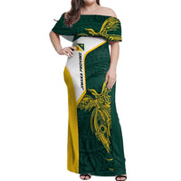 Personalised PNG Jiwaka Province Off Shoulder Maxi Dress Bird of Paradise Tattoo Flag Motif LT9 Women Green - Polynesian Pride