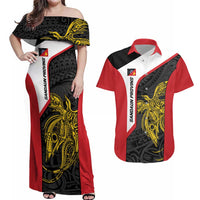 Personalised PNG Sandaun Province Couples Matching Off Shoulder Maxi Dress and Hawaiian Shirt Bird of Paradise Tattoo Flag Motif LT9 Red - Polynesian Pride
