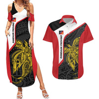 Personalised PNG Sandaun Province Couples Matching Summer Maxi Dress and Hawaiian Shirt Bird of Paradise Tattoo Flag Motif LT9 Red - Polynesian Pride