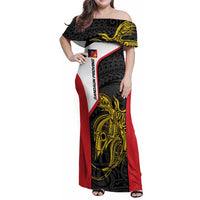 Personalised PNG Sandaun Province Family Matching Off Shoulder Maxi Dress and Hawaiian Shirt Bird of Paradise Tattoo Flag Motif LT9 Mom's Dress Red - Polynesian Pride