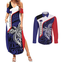 Personalised PNG West New Britain Province Couples Matching Summer Maxi Dress and Long Sleeve Button Shirt Bird of Paradise Tattoo Flag Motif LT9 Blue - Polynesian Pride