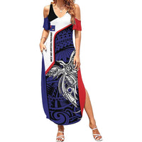 Personalised PNG West New Britain Province Family Matching Summer Maxi Dress and Hawaiian Shirt Bird of Paradise Tattoo Flag Motif LT9 Mom's Dress Blue - Polynesian Pride