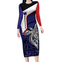 Personalised PNG West New Britain Province Long Sleeve Bodycon Dress Bird of Paradise Tattoo Flag Motif LT9 Long Dress Blue - Polynesian Pride
