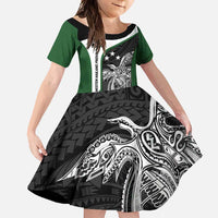 Personalised PNG Western Highlands Province Family Matching Long Sleeve Bodycon Dress and Hawaiian Shirt Bird of Paradise Tattoo Flag Motif LT9 Daughter's Dress Green - Polynesian Pride